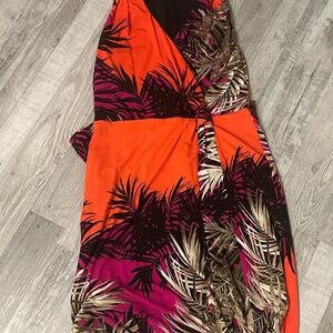 Roz & Ali Women's Tropical Leaf Print Dress Coral And Black Size 6